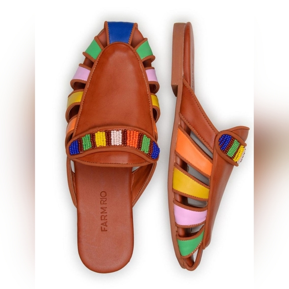 FARM Rio Shoes - Farm Rio Sandals Sz 8.5 Rainbow Beaded Mule Tan Multicolor Vegan Leather $240
